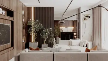 Nowoczesny salon z drewnianymi elementami, roślinami i widokiem na kuchnię.